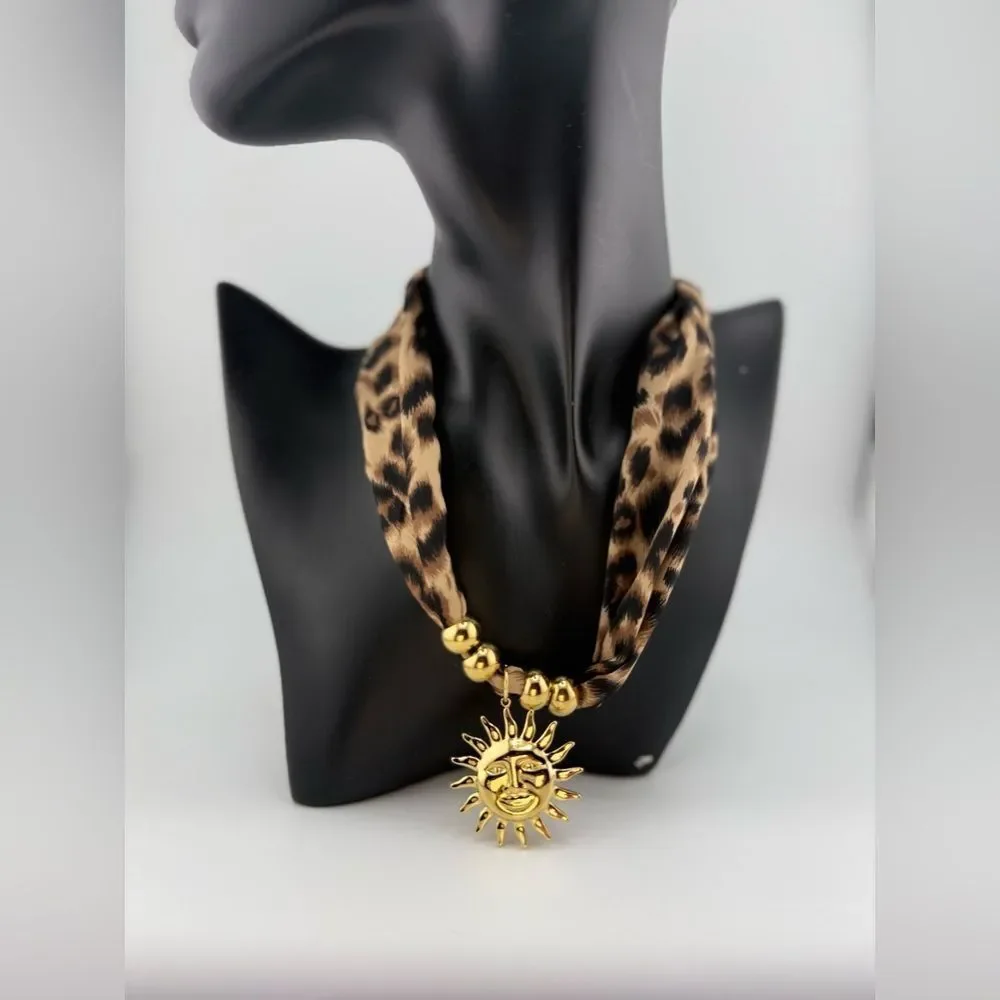 Leopard Print Scarf Necklace with Gold Sun Pendant – Bold, Glamorous & Unique - Picture 11 of 13